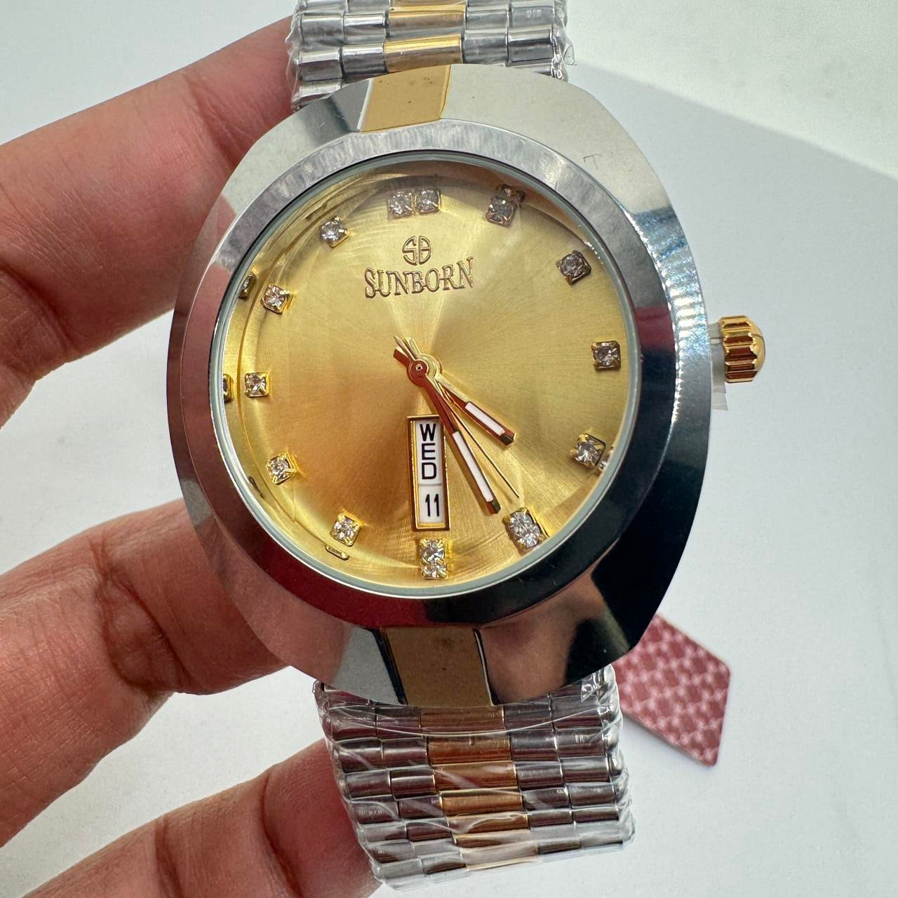 Sunborn Brand Watch for Men , 40mm Diameter , Brand New Item , Stainless Steel , Water Resistant , With Tag Still Attached . Color Mix Goldtone and Gray , with Date, Ships from NEW JERSEY