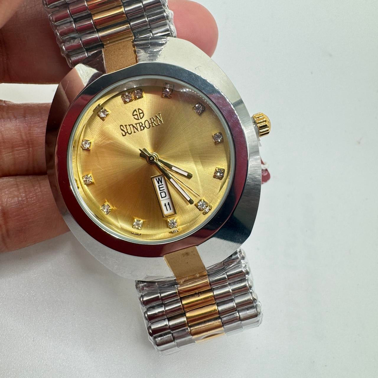 Sunborn Brand Watch for Men , 40mm Diameter , Brand New Item , Stainless Steel , Water Resistant , With Tag Still Attached . Color Mix Goldtone and Gray , with Date, Ships from NEW JERSEY