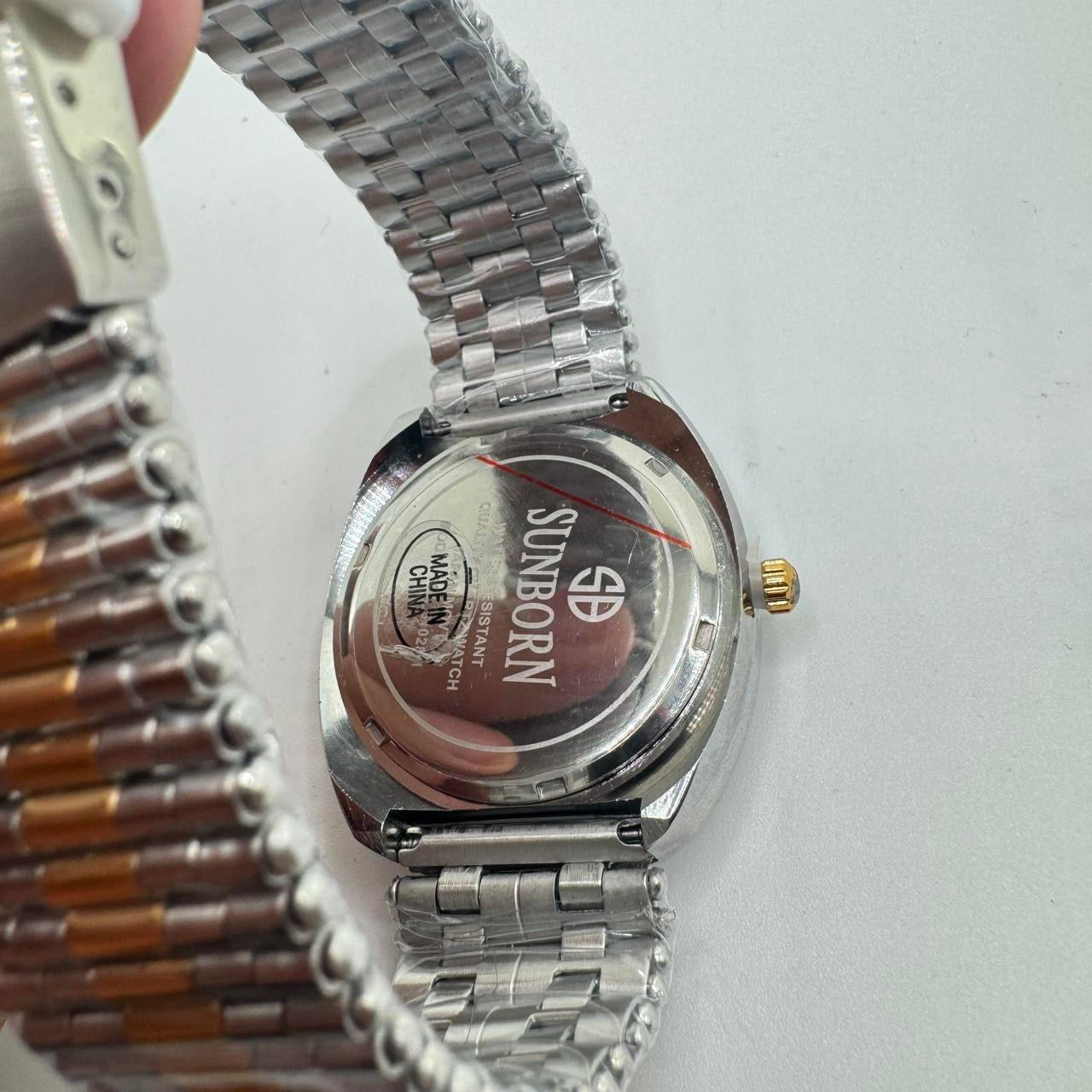 Sunborn Brand Watch for Men , 40mm Diameter , Brand New Item , Stainless Steel , Water Resistant , With Tag Still Attached . Color Mix Goldtone and Gray , with Date, Ships from NEW JERSEY