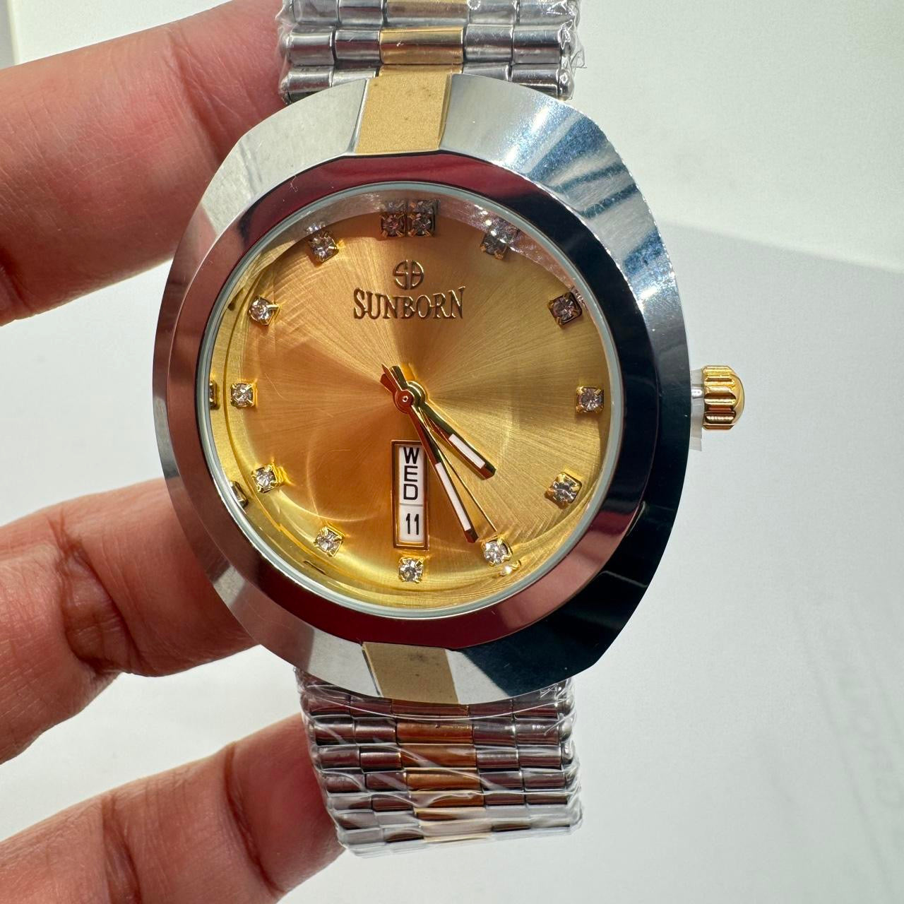 Sunborn Brand Watch for Men , 40mm Diameter , Brand New Item , Stainless Steel , Water Resistant , With Tag Still Attached . Color Mix Goldtone and Gray , with Date, Ships from NEW JERSEY