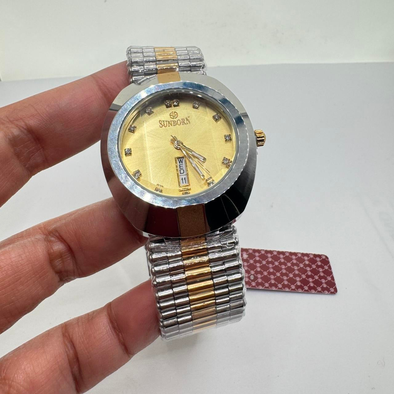 Sunborn Brand Watch for Men , 40mm Diameter , Brand New Item , Stainless Steel , Water Resistant , With Tag Still Attached . Color Mix Goldtone and Gray , with Date, Ships from NEW JERSEY