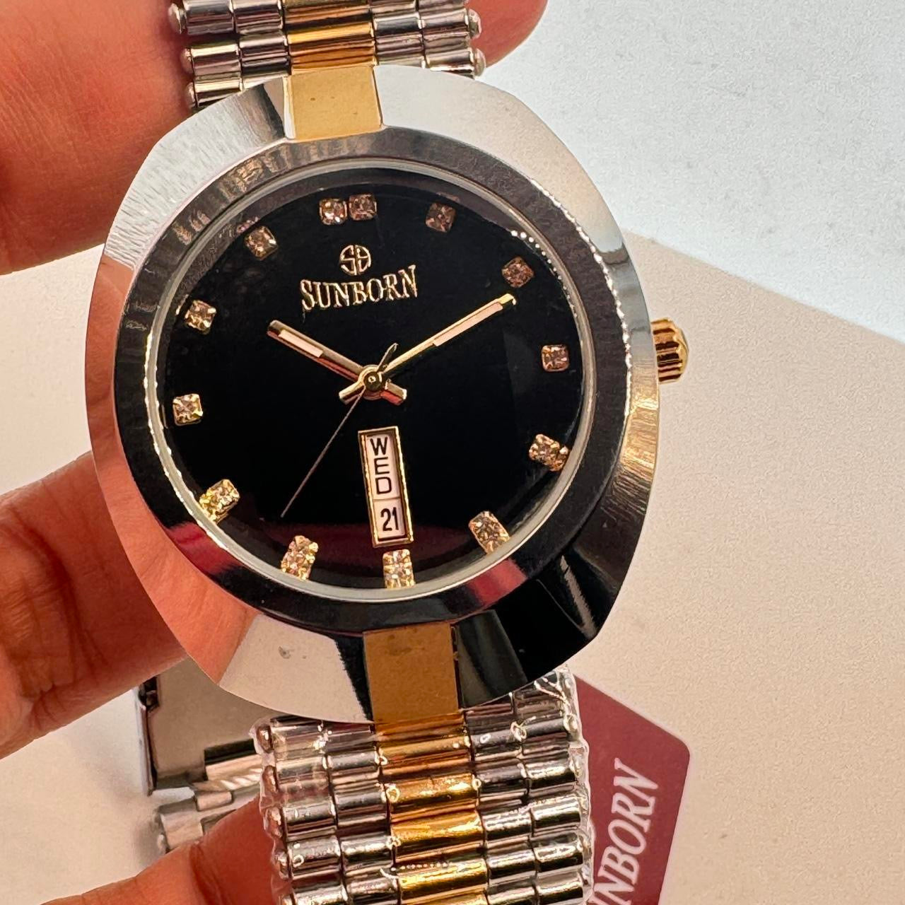 Sunborn Brand Watch for Men , 40mm Diameter , Brand New Item , Stainless Steel , Water Resistant , With Tag Still Attached . Color Mix Goldtone and Gray , with Date, Ships from NEW JERSEY