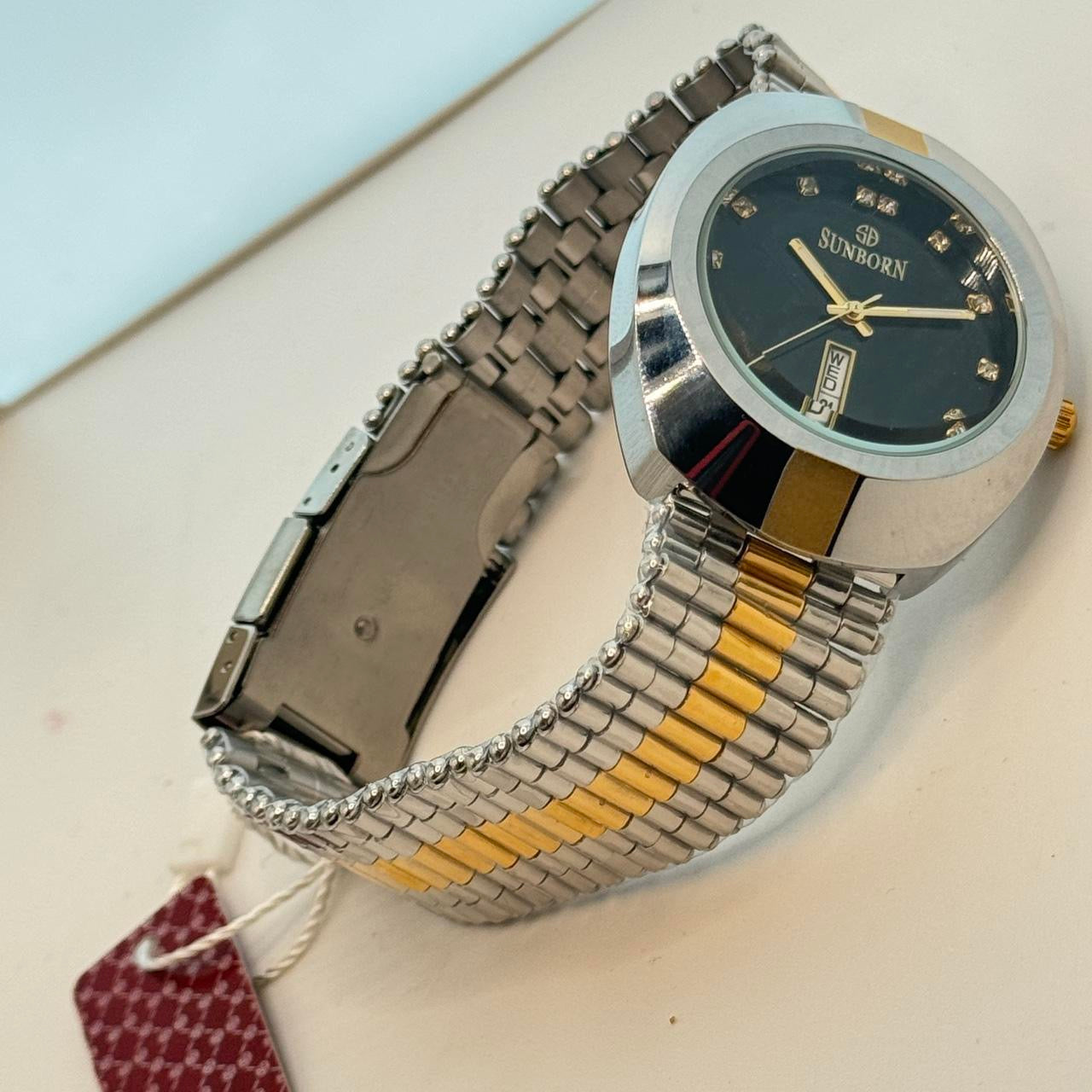 Sunborn Brand Watch for Men , 40mm Diameter , Brand New Item , Stainless Steel , Water Resistant , With Tag Still Attached . Color Mix Goldtone and Gray , with Date, Ships from NEW JERSEY