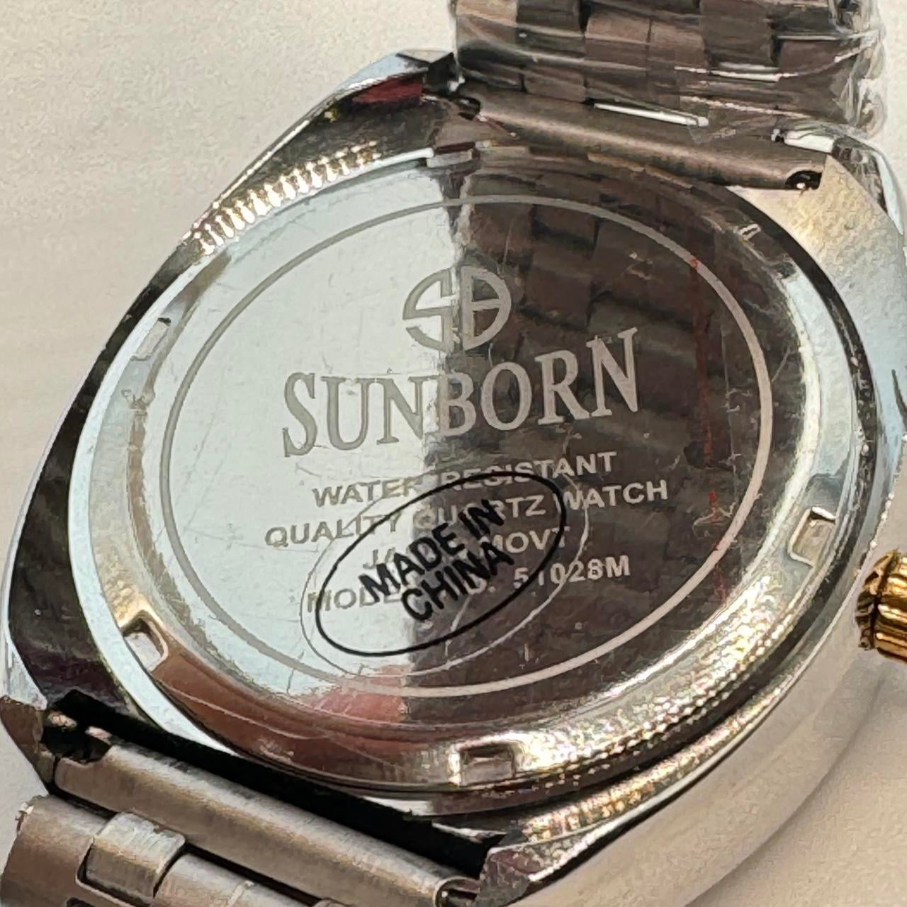 Sunborn Brand Watch for Men , 40mm Diameter , Brand New Item , Stainless Steel , Water Resistant , With Tag Still Attached . Color Mix Goldtone and Gray , with Date, Ships from NEW JERSEY