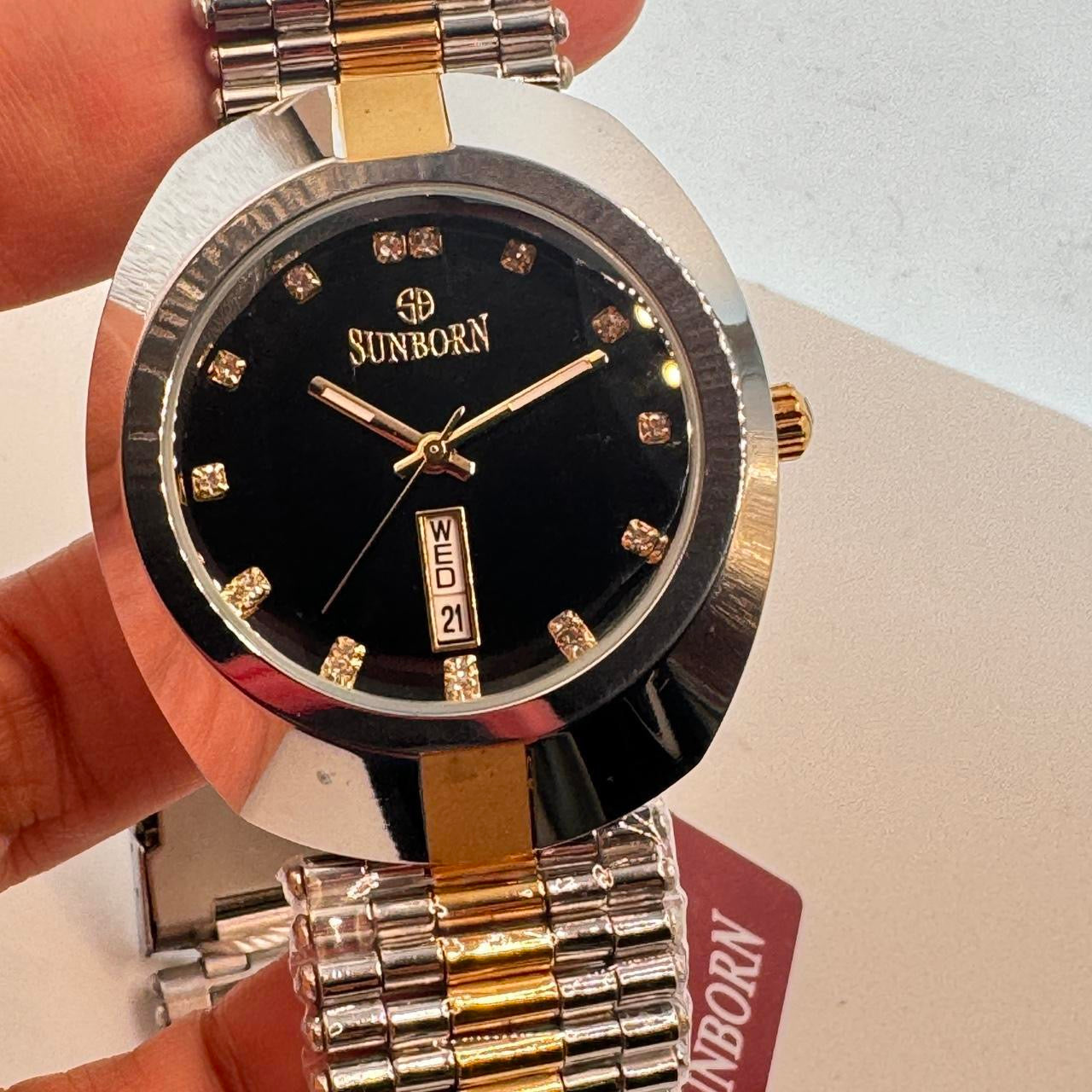 Sunborn Brand Watch for Men , 40mm Diameter , Brand New Item , Stainless Steel , Water Resistant , With Tag Still Attached . Color Mix Goldtone and Gray , with Date, Ships from NEW JERSEY