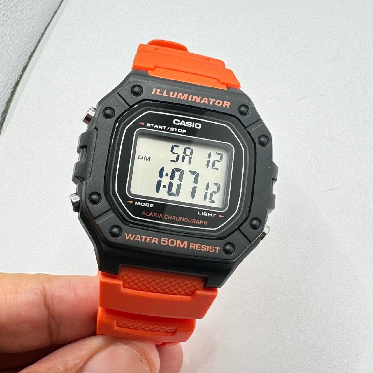 Casio Watch For Men or Young Teen Watch Fits up to 9 inches Long Digital Movement Light , Calendar , Timer Stop, Color light red New ITem Rubber Band 9 inches long 40 mm Diameter 