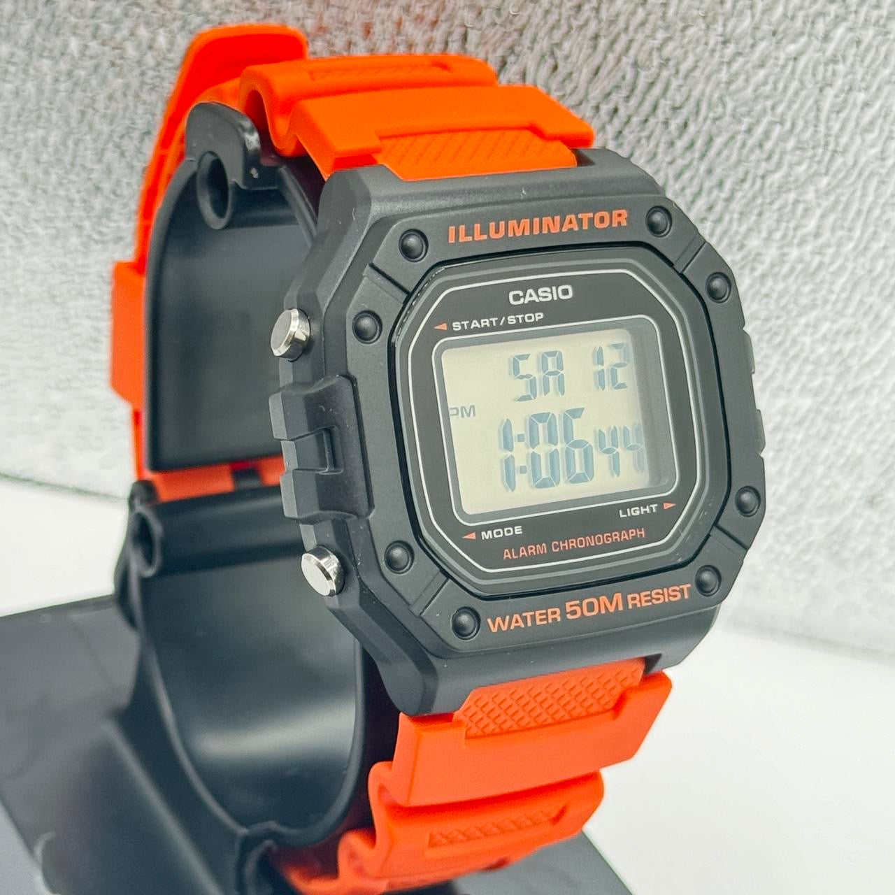 Casio Watch For Men or Young Teen Watch Fits up to 9 inches Long Digital Movement Light , Calendar , Timer Stop, Color light red New ITem Rubber Band 9 inches long 40 mm Diameter 
