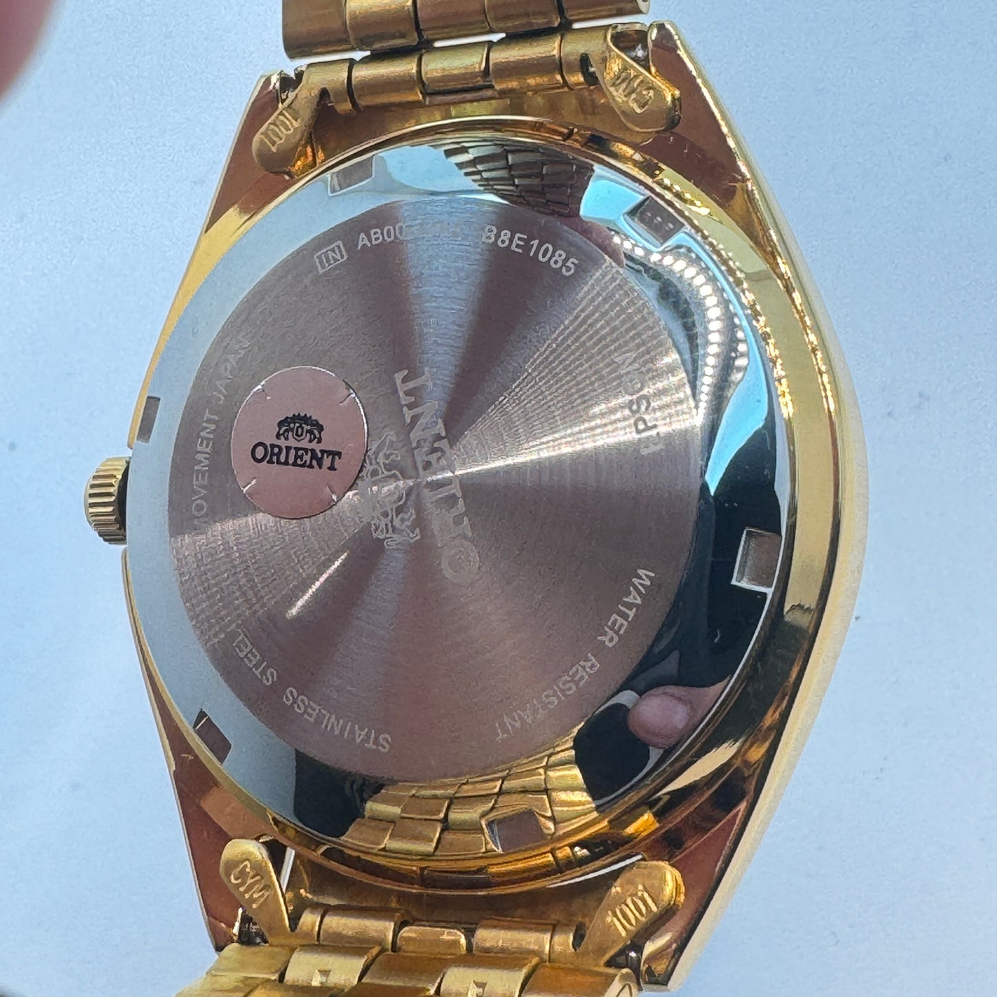 Goldtone Watch , Orient Brand , Automatic Movement , for Men , Brand New , Stainless Steel , 37 mm diameter 8 “ Wrist. round long