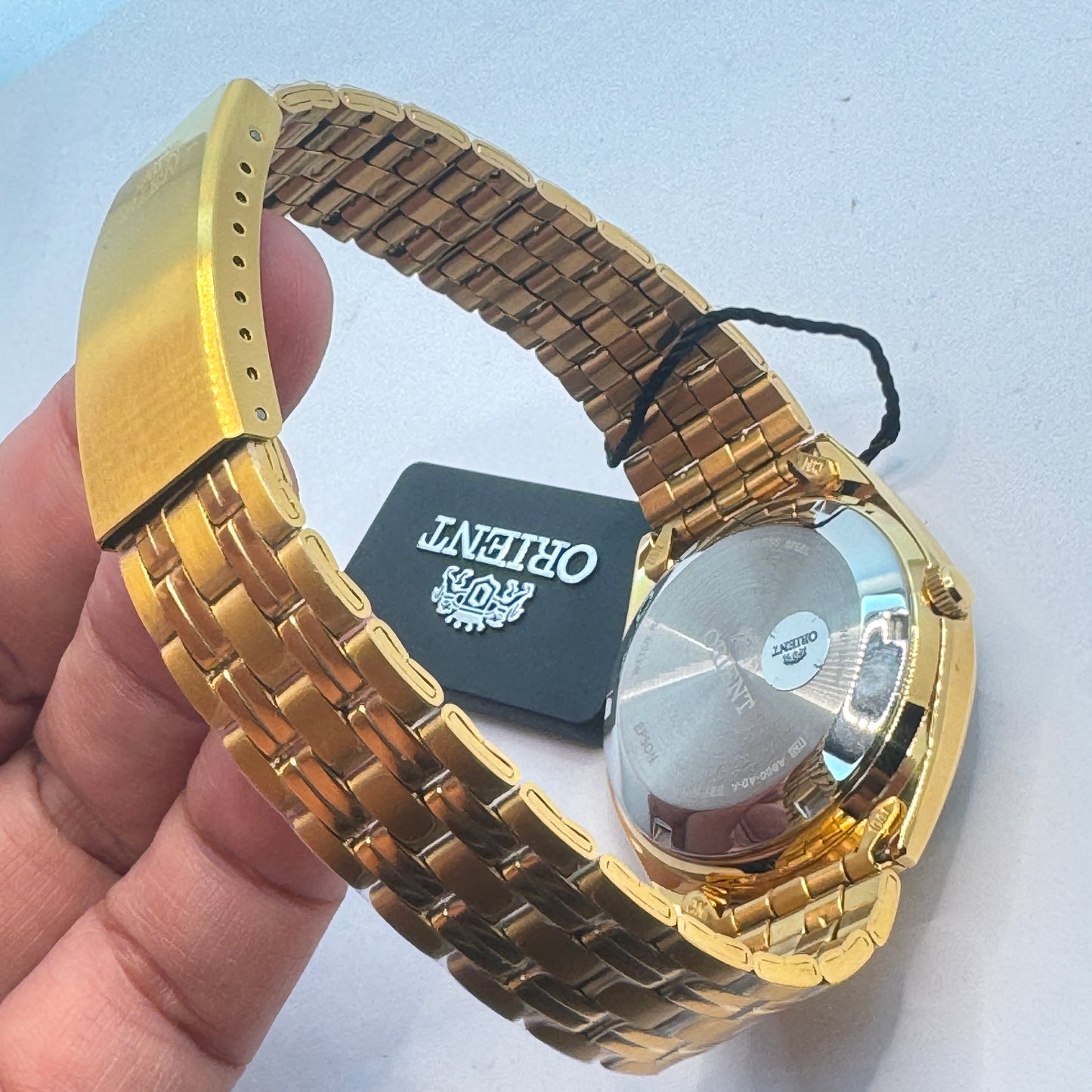 Goldtone Watch , Orient Brand , Automatic Movement , for Men , Brand New , Stainless Steel , 37 mm diameter 8 “ Wrist. round long